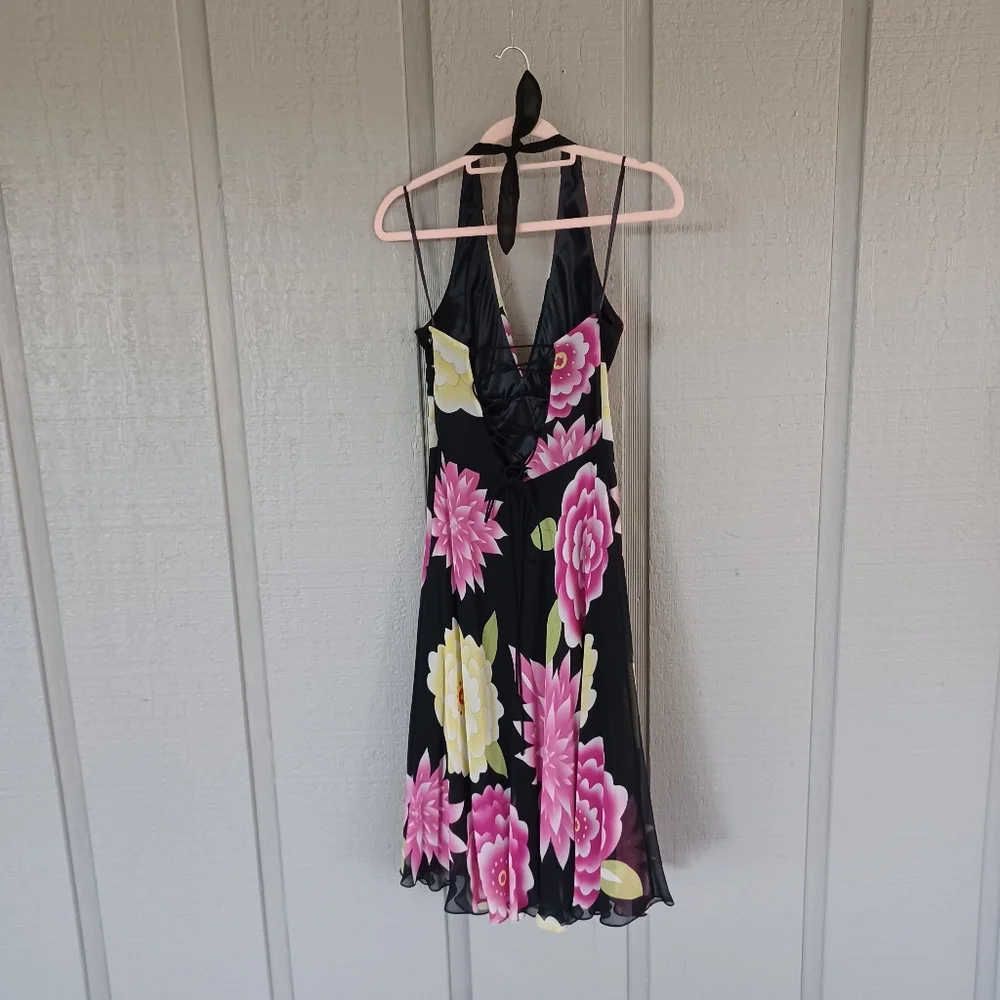 Cache Vintage Y2K Silk Floral Halter Dress Size 8 Women Lace Up Back Whimsical